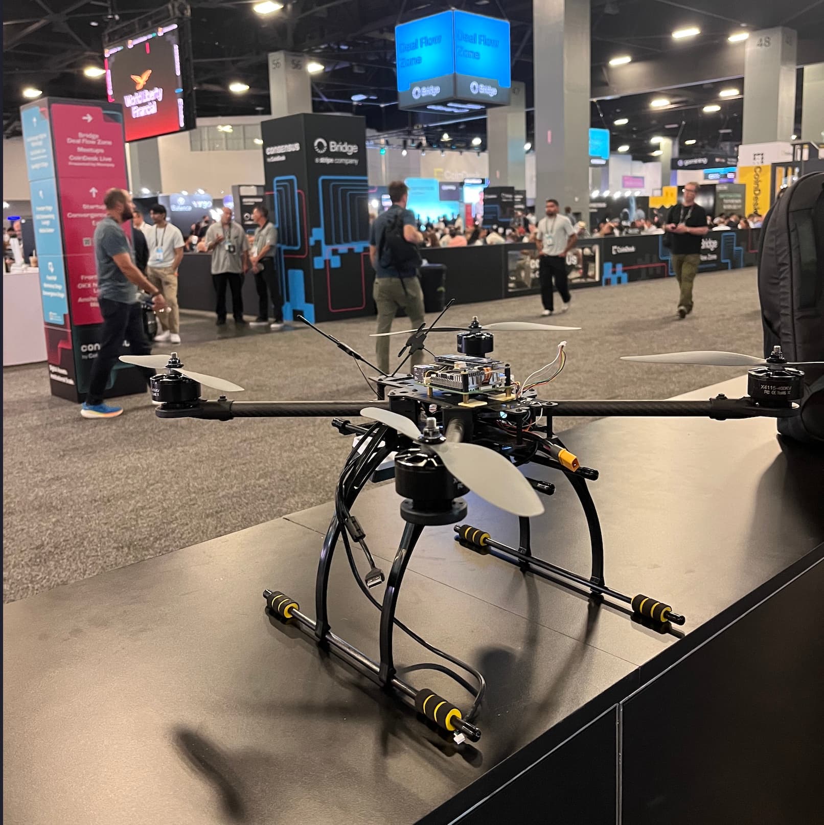 The carbon-fiber quadcopter on display in Miami Beach