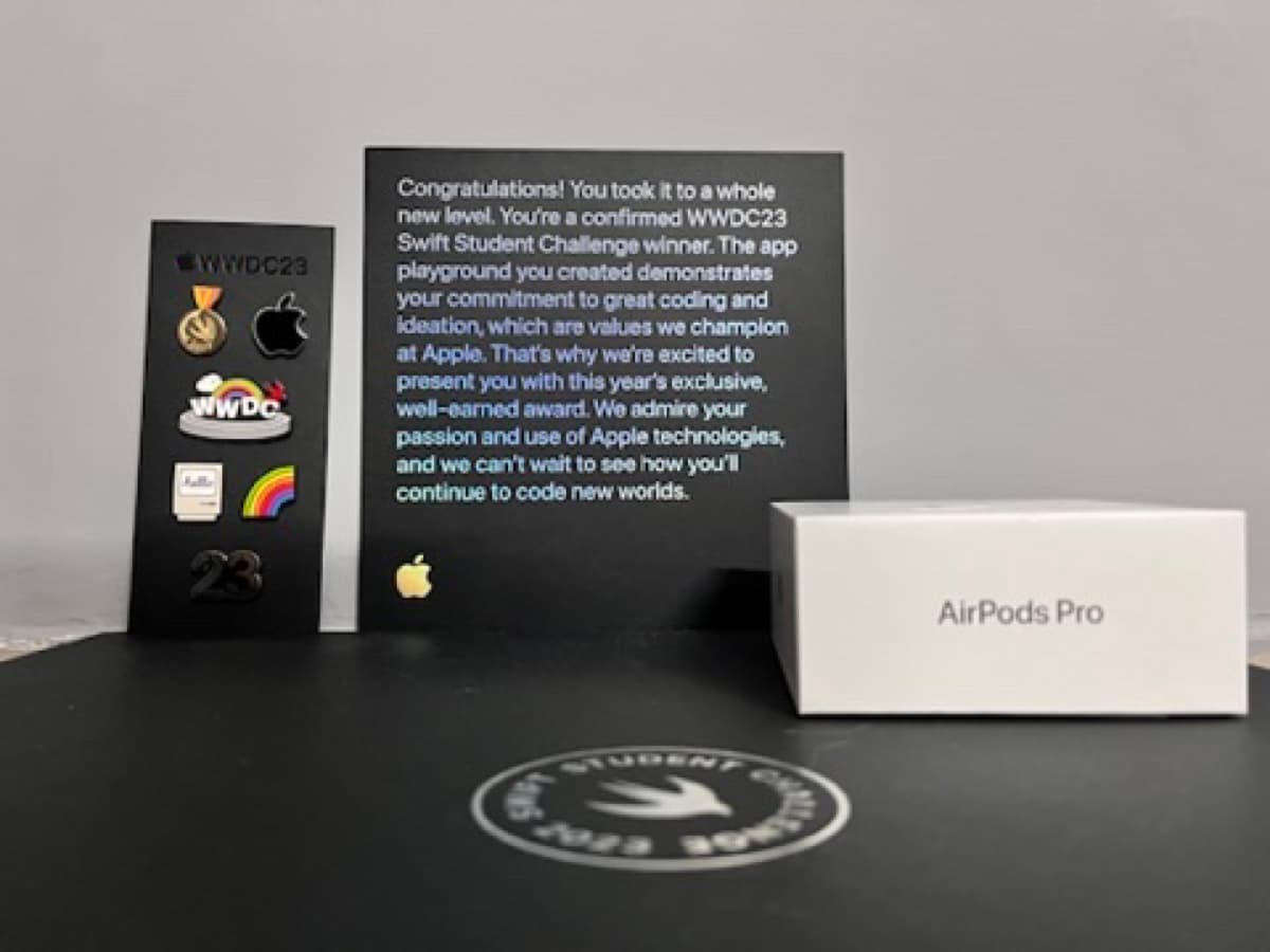 The WWDC23 Swift Student Challenge award, AirPods Pro, pins, and Apple letter